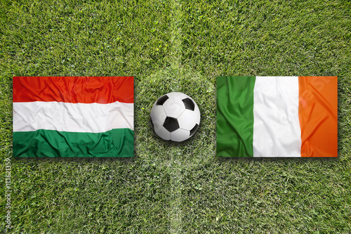 Hungary vs. Ireland flags on soccer field
