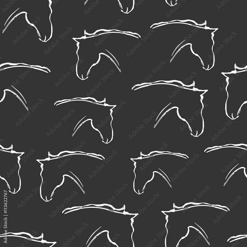 Naklejka premium Seamless pattern with heads of horses. Vector illustration. Black and white wallpaper. Artistic grunge ink animal sketch