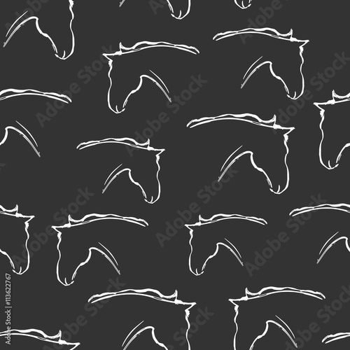 Seamless pattern with heads of horses. Vector illustration. Black and white wallpaper. Artistic grunge ink animal sketch