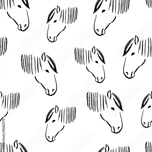 Seamless pattern with heads of horses. Vector illustration. Black and white wallpaper. Artistic grunge ink animal sketch