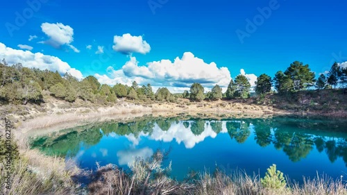 Wide angle of round lakes in palancares, Cuenca. Sliding camera photo