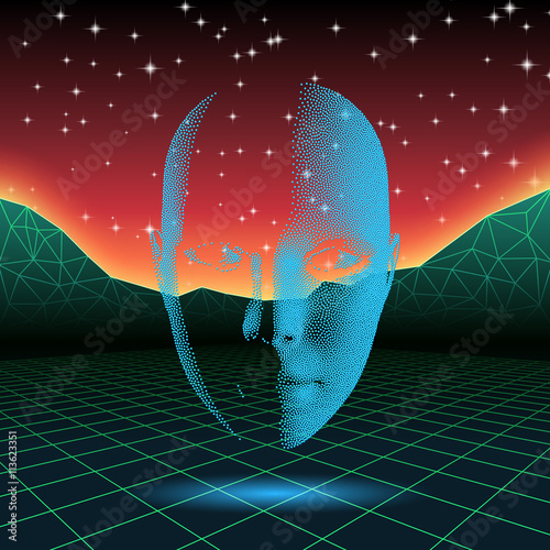 Retro wave shiny head silhouette over neon landscape