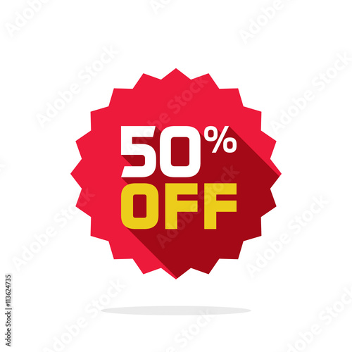 Sale tag vector badge template, 50 off sale label symbol, 50 percent sale promotion flat icon with long shadow, clearance sale sticker emblem, bargain sale red sign isolated on white background