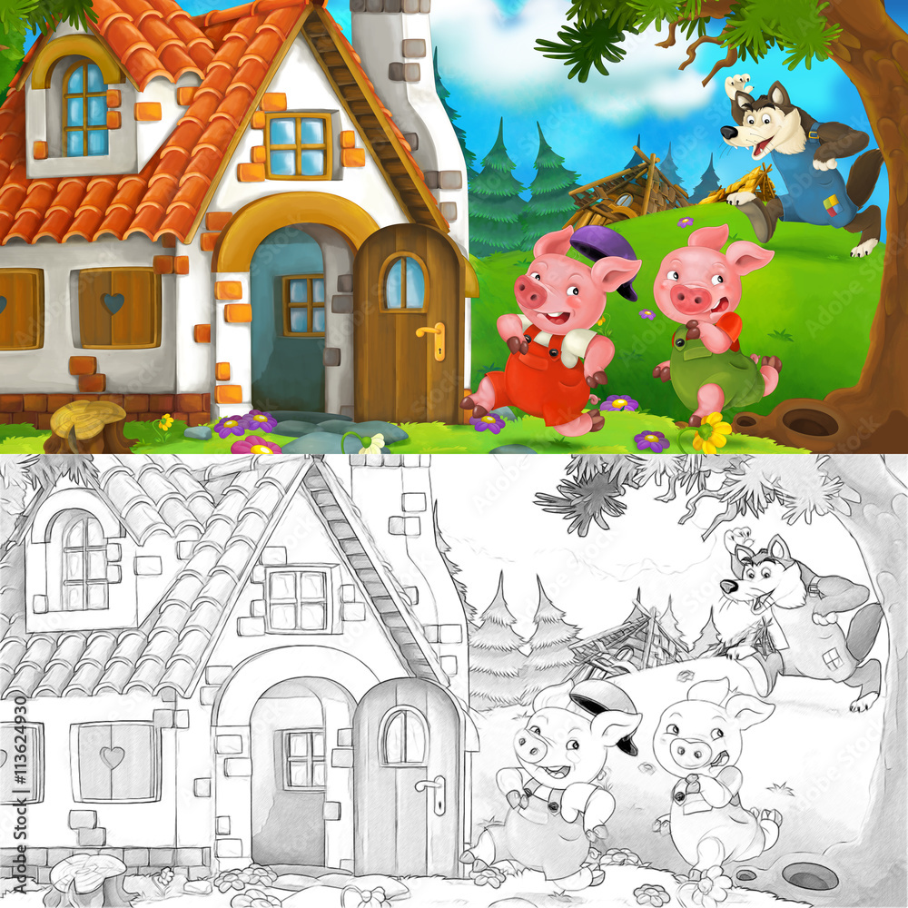 Cartoon scene of two running pigs to the house of their brother - illustration for children Cartoon scene of two running pigs to the house of their brother - illustration for children