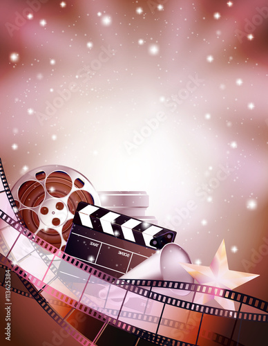 cinema background with clapper, star, film reels and strips