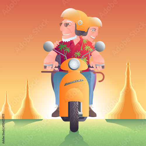 Old people in front of pagoda vector illustration