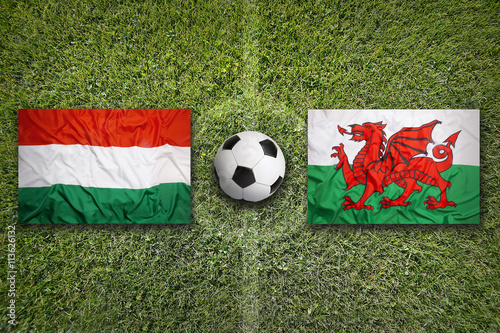 Hungary vs. Wales flags on soccer field