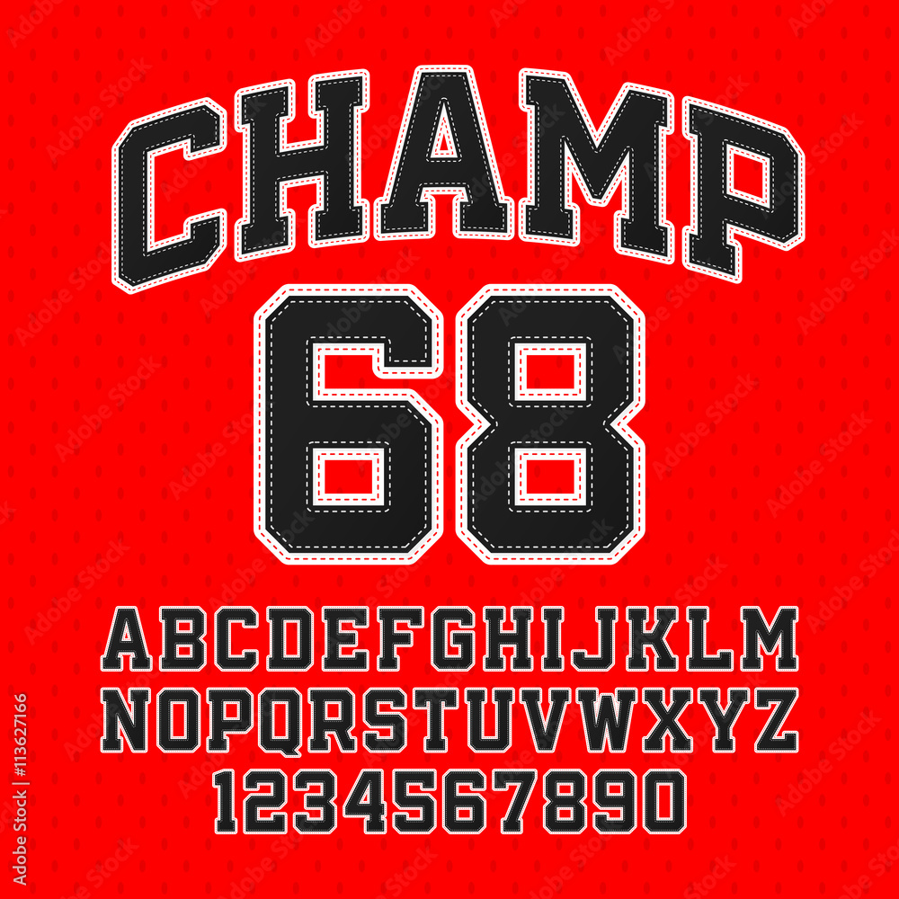 Tackle Twill style Champ typeface. Embroidered sports font