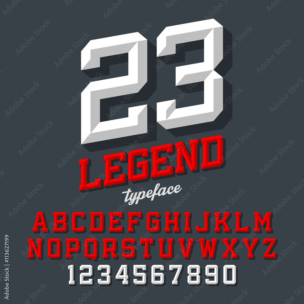 Legend typeface. Beveled sport style retro font. Letters and numbers. - obrazy, fototapety, plakaty 