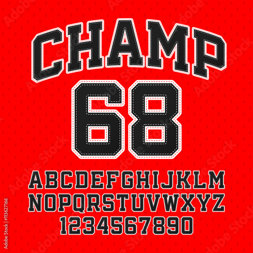 Tackle Twill style Champ typeface. Embroidered sports font. Letters and numbers.