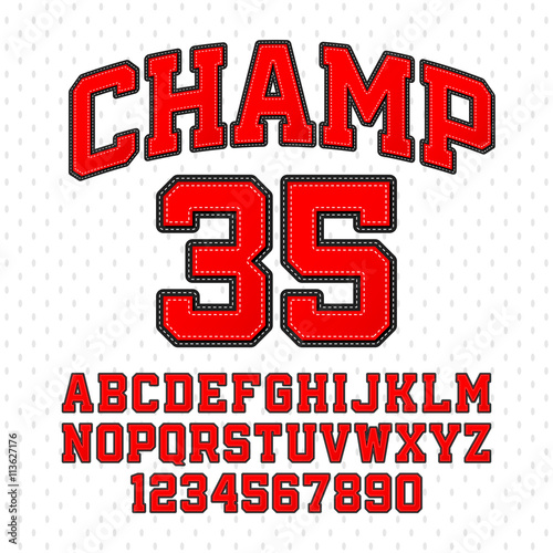 Tackle Twill style Champ typeface. Embroidered sports font. Letters and numbers.