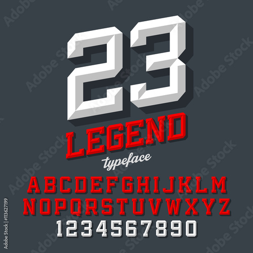 Legend typeface. Beveled sport style retro font. Letters and numbers.