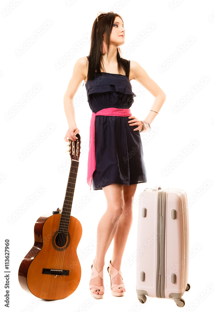 Music lover, summer girl with guitar and suitcase Music lover, summer girl with guitar and suitcase