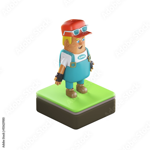 3D illustration isometric plastic toy worker white background