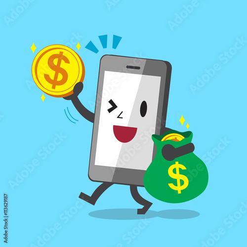 Business concept cartoon smartphone with big money coins and bag