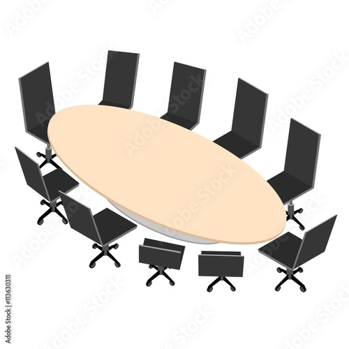 The table for work discussion in isometric view. Black office chairs on wheels.