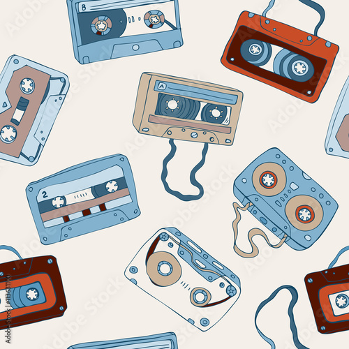 Audio cassette. seamless pattern.