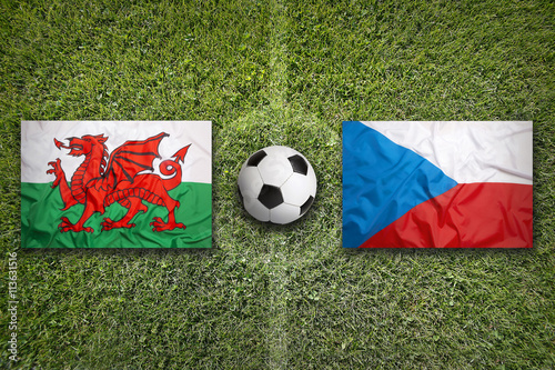 Wales vs. Czech Republic flags on soccer field