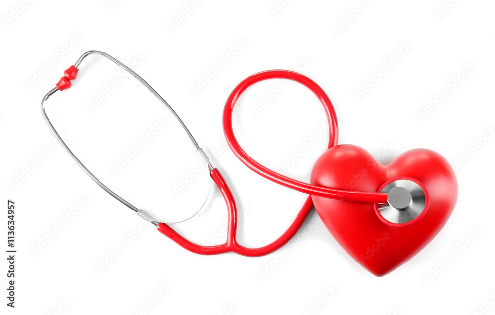 Red stethoscope and heart isolated on white Red stethoscope and heart isolated on white