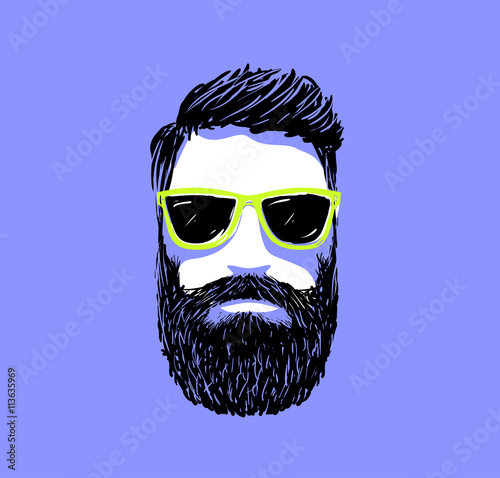 Hipster fashion bearded man portrait in sunglasses, Hand drawn vector illustration.