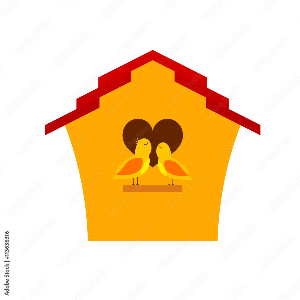 Φωτογραφία Yellow Cartoon birdhouse with birds. Two birds in front of his h
