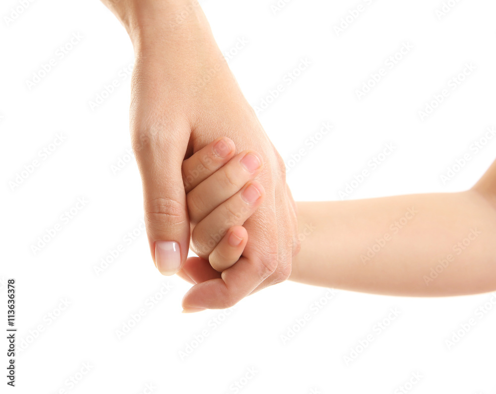 Hands of mother and child isolated on white