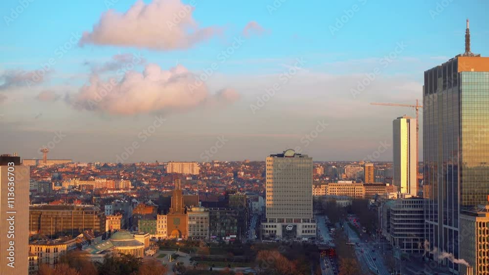 establishing shot of brussels city skyline at sunset panoramic view establishing shot of brussels city skyline at sunset panoramic view