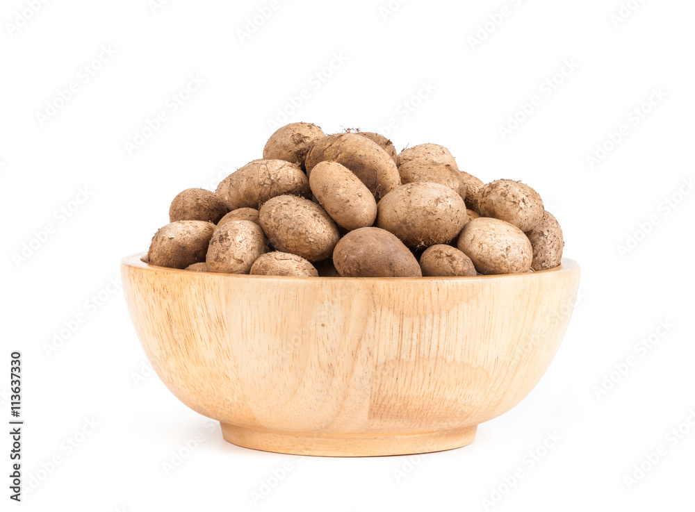puffball mushroom in wooden bowl isolated on white background puffball mushroom in wooden bowl isolated on white background