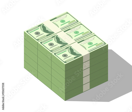 Close-up money stack with shadow isolated on white background. Detailed vector one hundred dollars banknotes. Big stacked isometric pile of cash