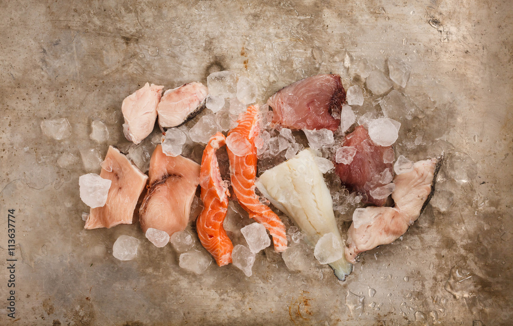 Cod fish, tuna fish, salmon fish, albacore fish, emperor fish, hake