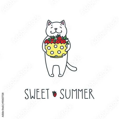Sweet summer. Doodle vector illustration of funny white cat holding strawberries