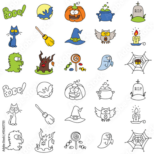 Set of halloween icons. Vector doodle illustration.
