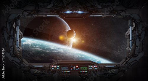 Fototapeta Naklejka Na Ścianę i Meble -  Window view of space and planets from a space station