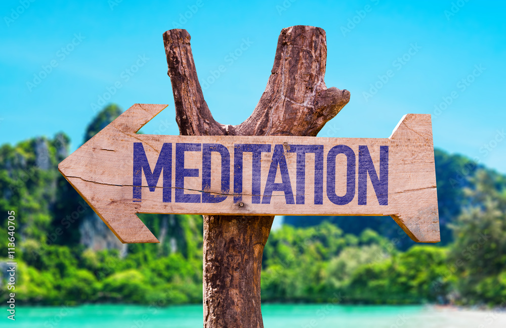 Meditation wooden sign with beach background