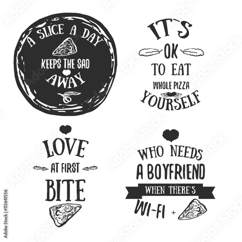 Pizza quote typographical set. Vector illustration of pizza in hand drawn cartoon style. Can be used for poster, wrapping, banners. site background.