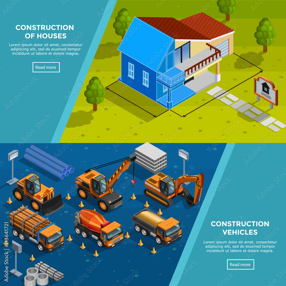Construction Vehicles Isometric Banners Construction Vehicles Isometric Banners