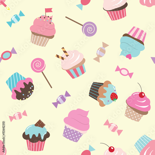 Birthday seamless pattern with cupcakes and candies. 