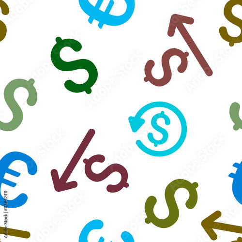 Cashback vector seamless repeatable pattern. Style is flat cashback and dollar symbols on a white background.