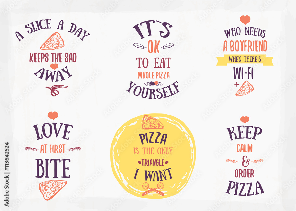 Pizza quote typographical set. Vector illustration of pizza in hand drawn cartoon style. Can be used for poster, wrapping, banners. site background.