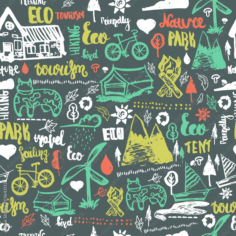 Eco travel seamless pattern. Ecology concept with lettering and hand drawn elements.