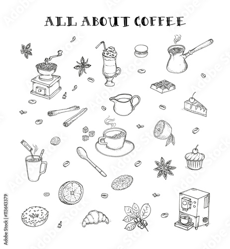 All about coffee. Coffeeshop. Coffee mill, cezve, coffee mashine, instant coffee. Methods making coffee. Desserts for coffee. Flavoring. Doodle set. Isolated