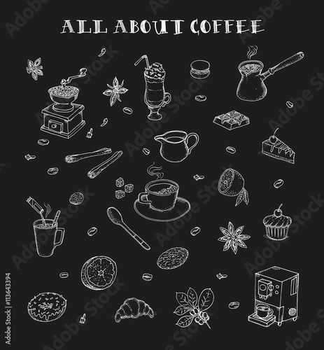 All about coffee. Coffeeshop. Coffee mill, cezve, coffee mashine, instant coffee. Methods making coffee. Desserts for coffee. Flavoring. Doodle set. Isolated