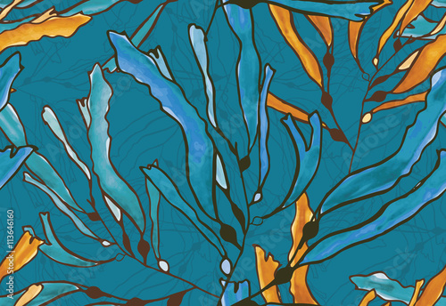 Kelp seaweed blue and yellow watercolor