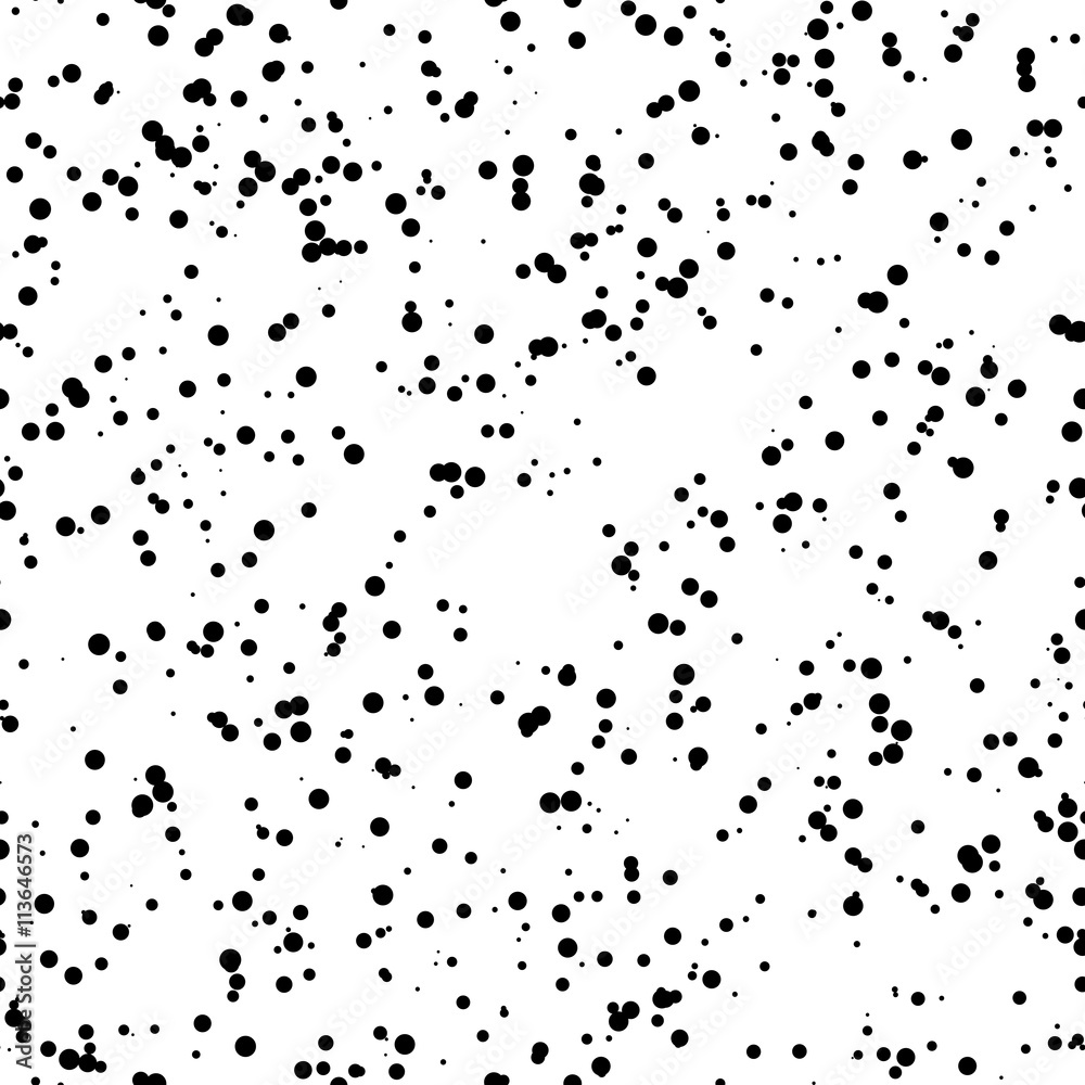 White abstract background with seamless random black circles, dots, film grain, noise, dotwork, grunge texture for design concepts, banners, posters, web, presentations and prints. Vector illustration