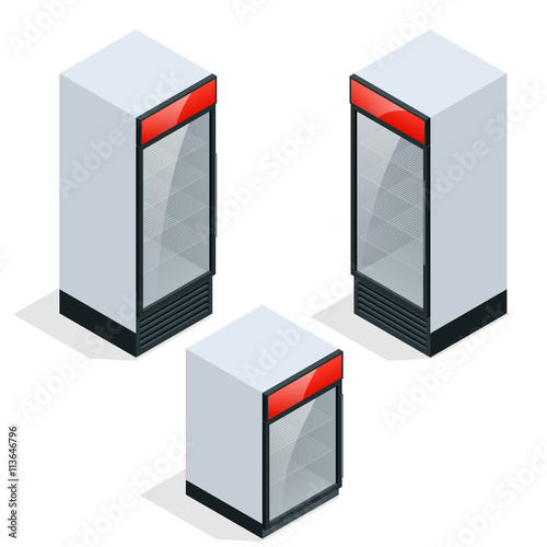 Commercial refrigerator to store drinks and perishables. Flat 3d vector isometric concept.