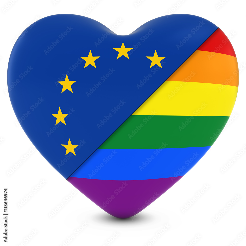 European Union Flag Heart Mixed with Gay Pride Rainbow Flag Heart - 3D Illustration