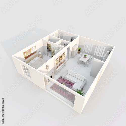 3d interior rendering perspective view of furnished home apartment with fireplace: room, bathroom, bedroom, kitchen, living-room, hall, entrance, door, window,  © ma3d.it