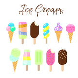 Ice cream vector illustration set. Flat style icon ice-cream summer theme collection. Colorful sweet fruit sundae and chocolate ice scoop in cone dessert.