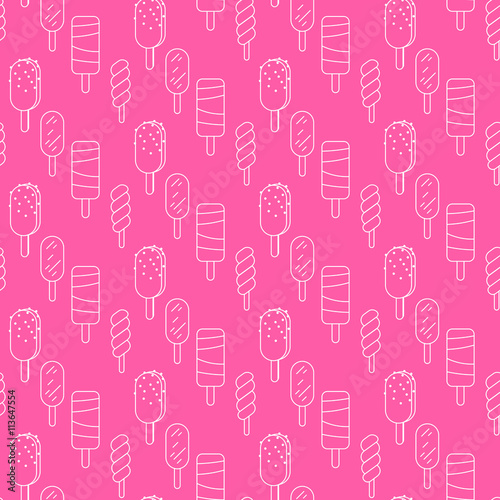 Ice cream vector seamless pattern. Summer ice dessert collection. Waffle cone, popsicle and sundae line art icon background for wrap and textile. White on hot pink.