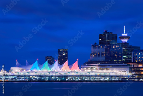 Canada Place Night Sails. Downtown Vancouver and the convention center at twilight. Vancouver, British Columbia, Canada.
 photo